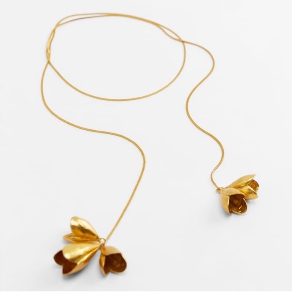 Zara Golden Long Metal Chain with Tulip Flower Pendant